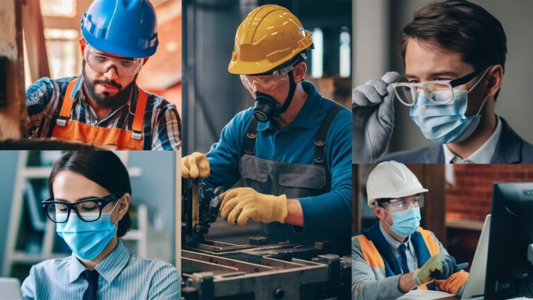 personal protective equipment (PPE) including helmets, goggles, and gloves in various workplace environments."